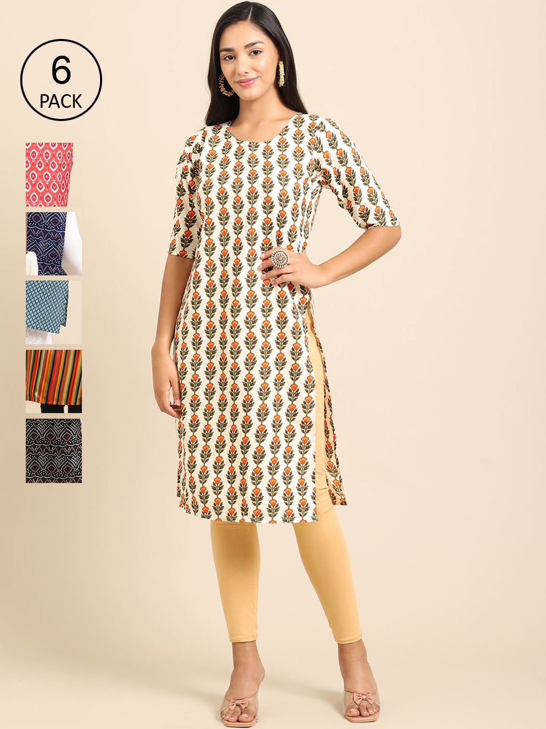 

7Threads Women Pack Of 6 White & Black Geometric Printed Block Print Crepe Kurta