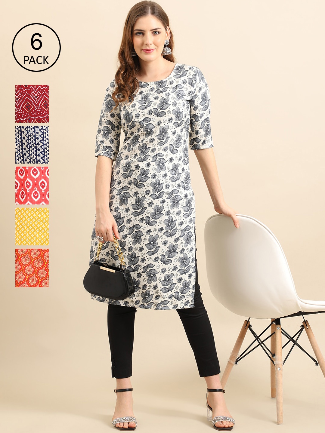 

7Threads Women Set Of 6 Grey & Yellow Floral Printed Block Print Crepe Kurtas