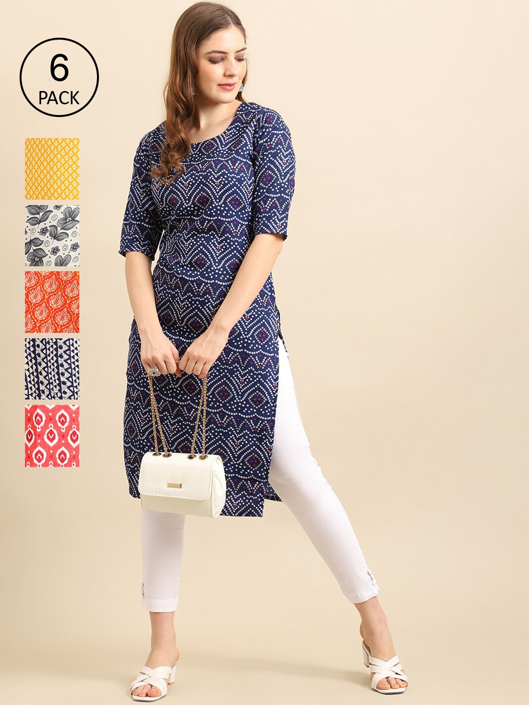 

7Threads Women Set Of 6Blue & Yellow Floral Printed Crepe Kurtas, Blue