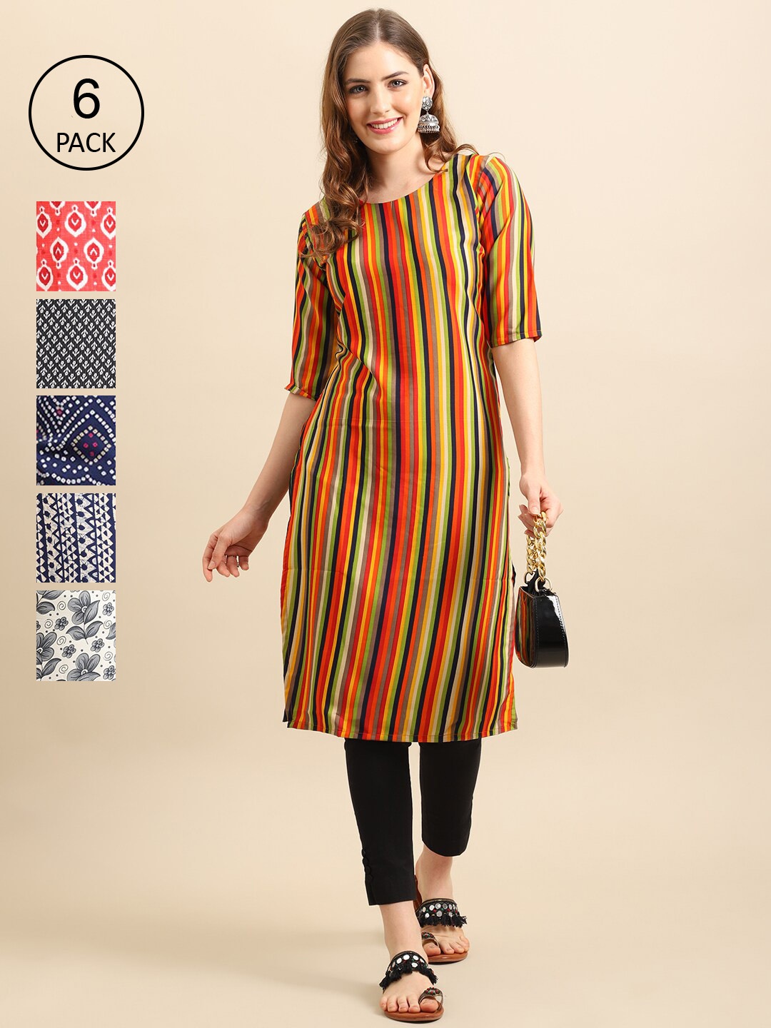 7Threads Women Set Of 6 Multicoloured Striped Crepe Kurta, Multi