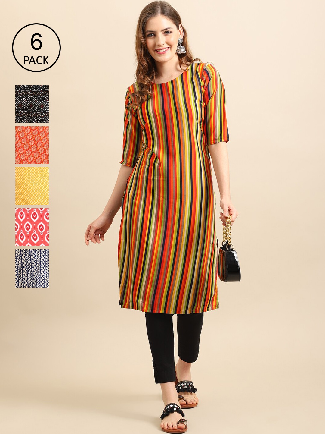 

7Threads Women Set Of 6 Multicoloured Striped Crepe Kurta, Multi