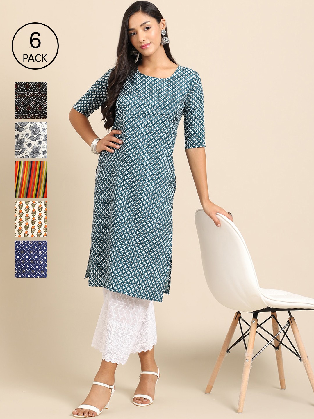

7Threads WomenPack Of 6 Blue & Black Geometric Printed Block Print Crepe Kurta