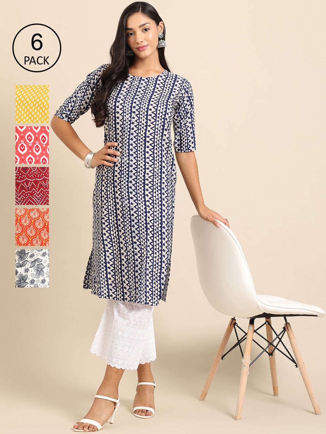 7Threads Women Pack Of 6 Yellow & Pink Geometric Printed Block Print Crepe Kurta