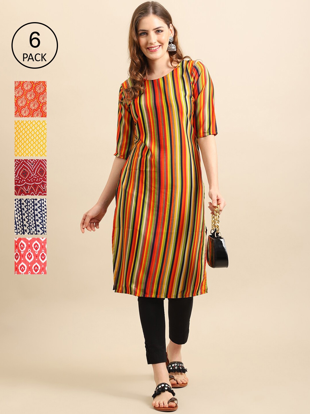 

7Threads Women Set Of 6 Multicoloured Striped Crepe Kurta, Multi