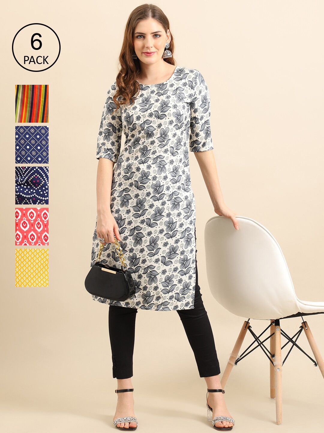 

7Threads Pack of 6 Women Navy Blue & Yellow Floral Printed Pure Crepe Kurta