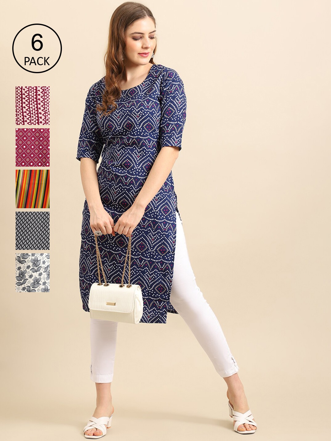 

7Threads Pack of 6 Women Navy Blue & Yellow Geometric Printed Pure Crepe Kurta