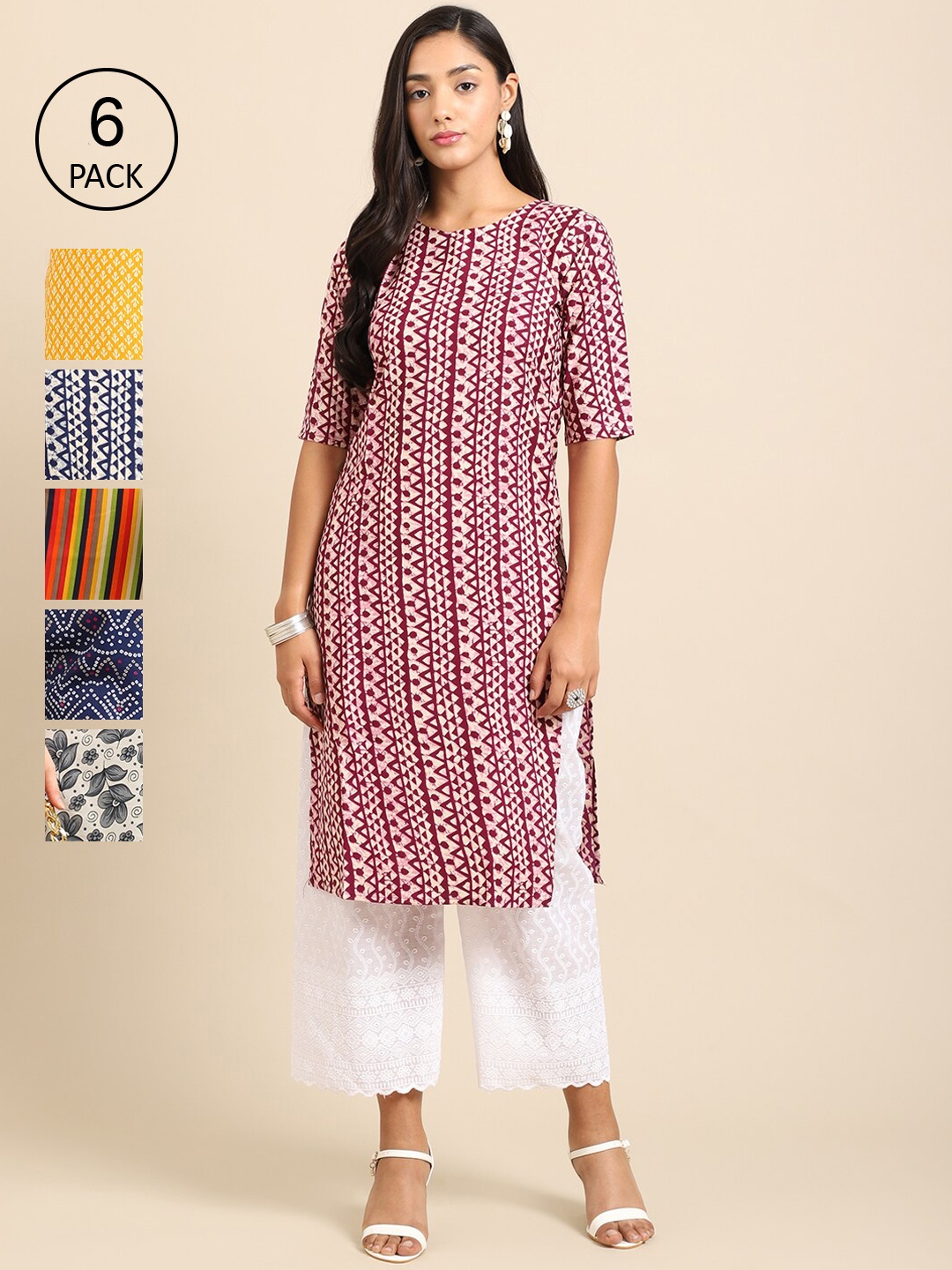 7Threads Pack of 6 Women Grey & Maroon Printed Pure Crepe Kurta
