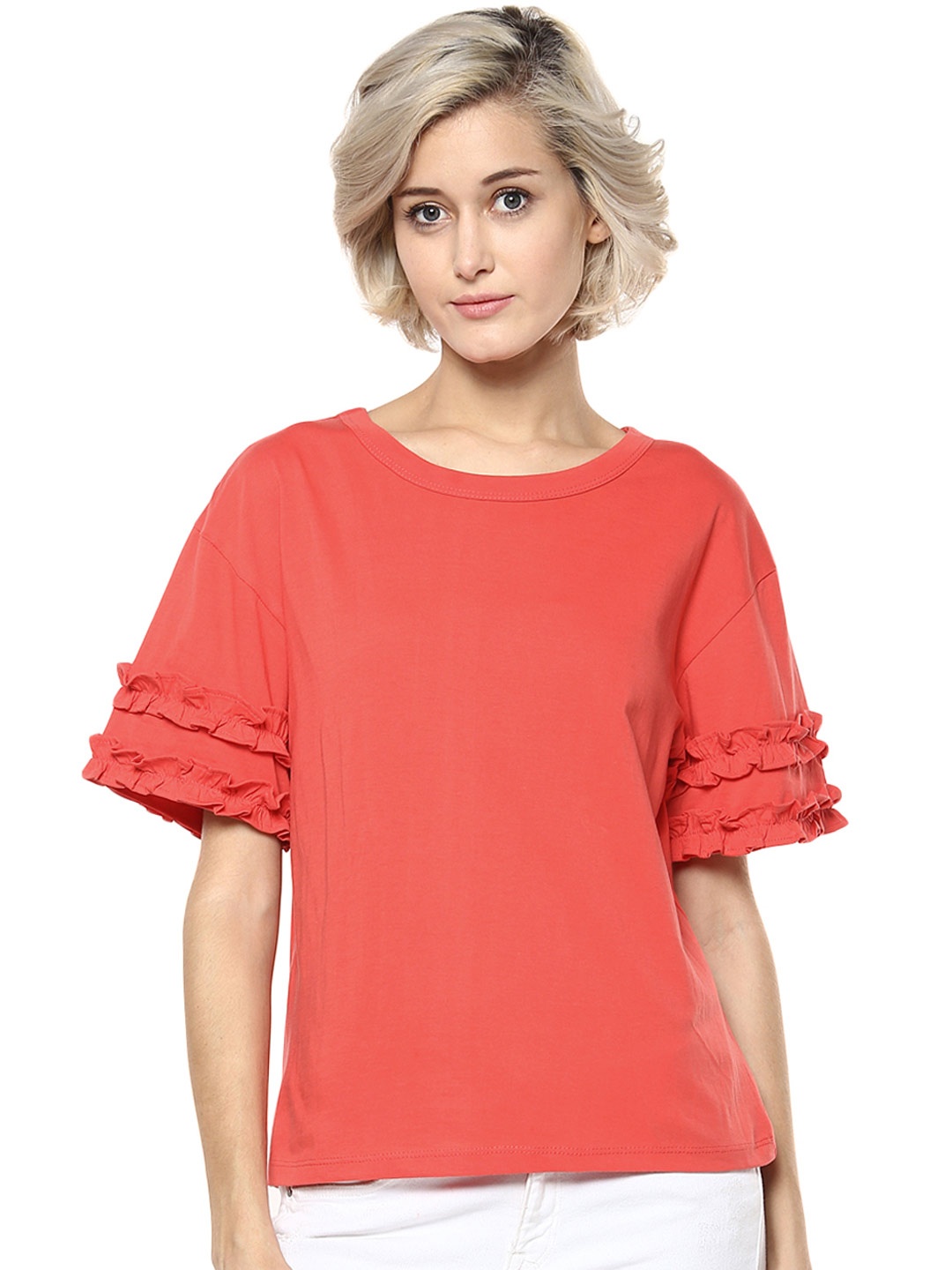 

Harpa Women Coral Red Solid Pure Cotton Top
