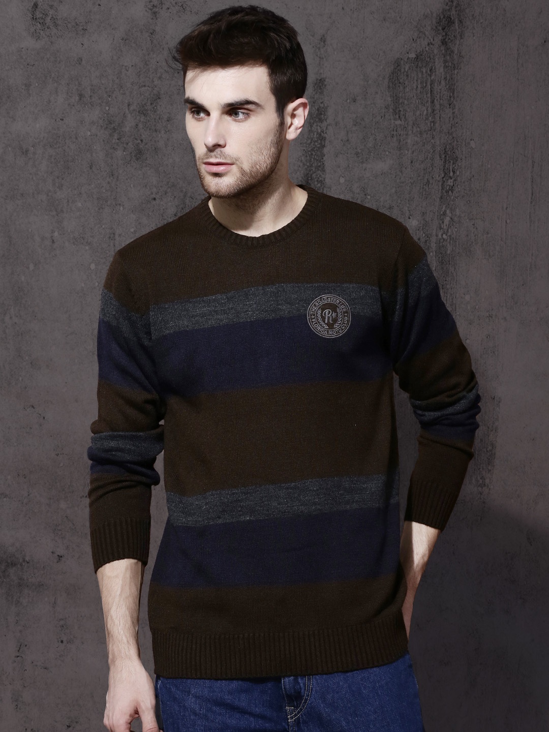 

Roadster Men Brown & Navy Blue Striped Pullover