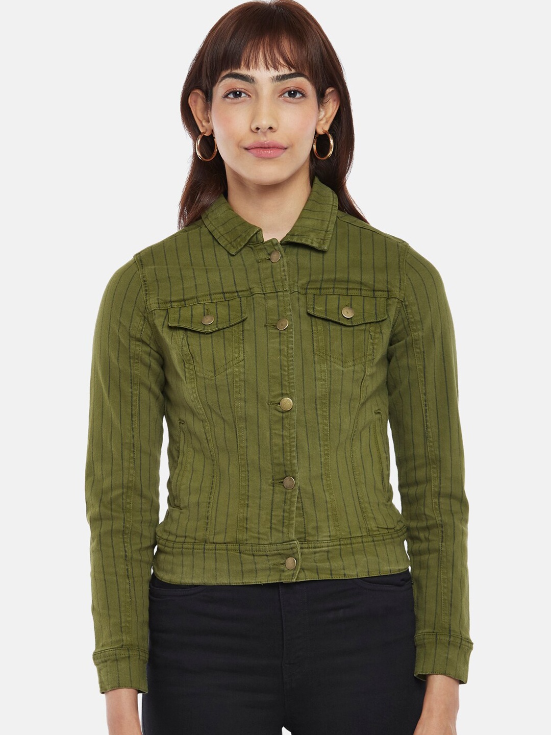 

Honey by Pantaloons Women Olive Green Striped Denim Jacket