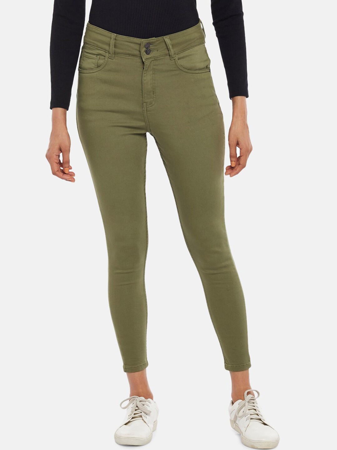 

People Women Olive Green Slim Fit Stretchable Jeans