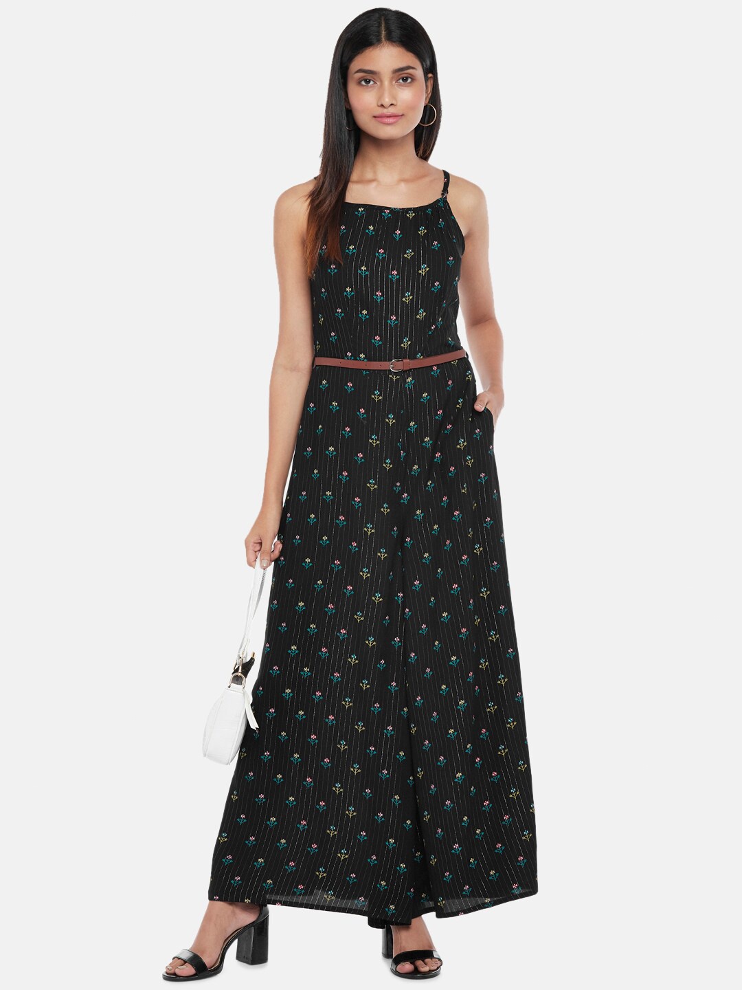 

People Black & Green Printed Basic Jumpsuit