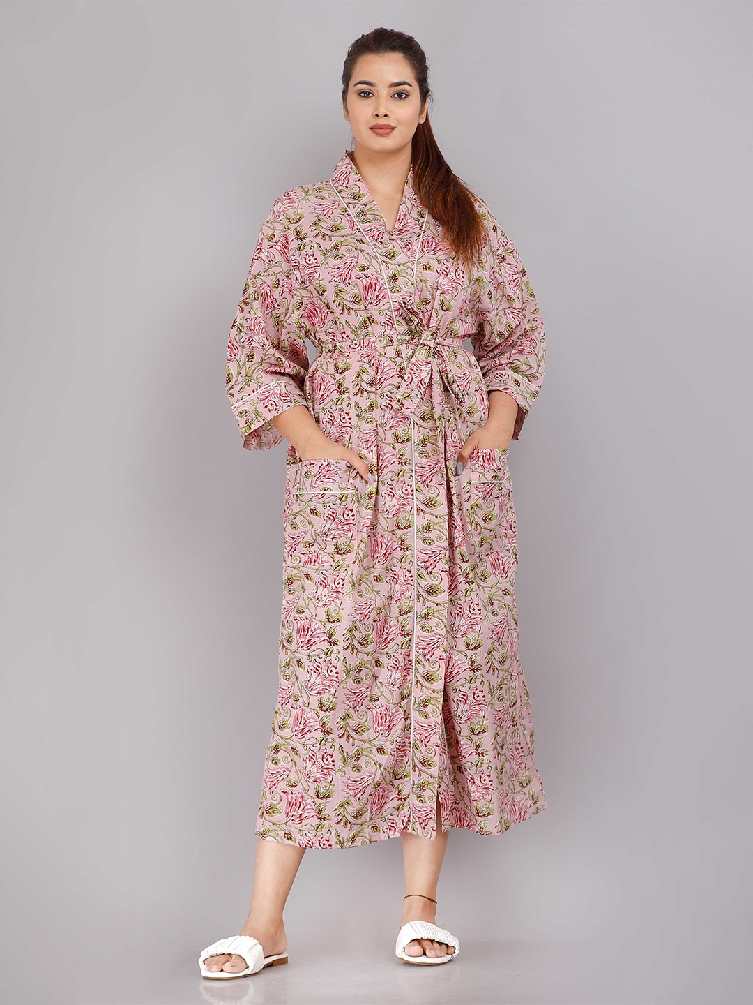

SHOOLIN Women Pink Printed Maxi Kimono Nightdress