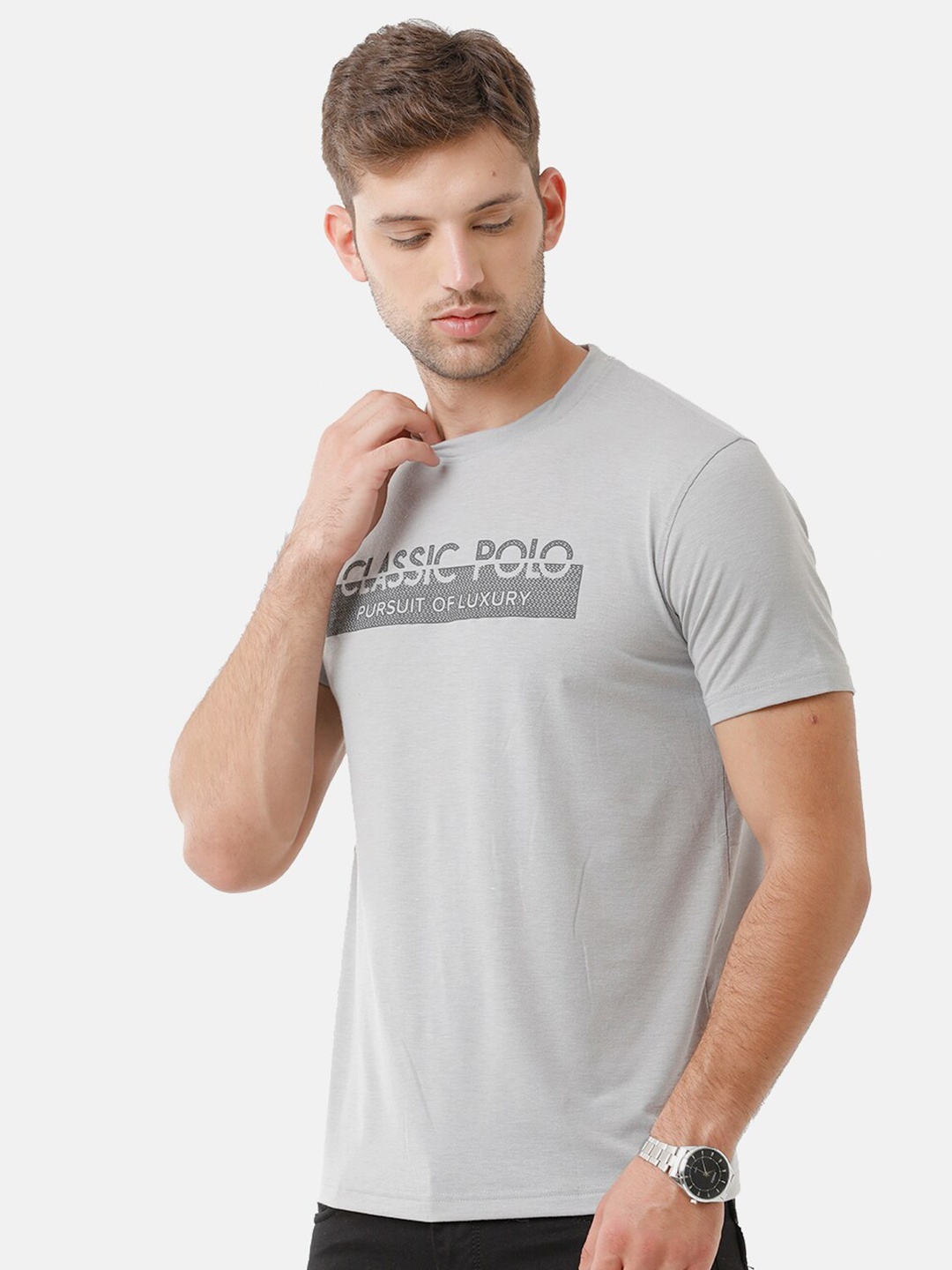 

Classic Polo Men Grey Typography Printed Slim Fit T-shirt