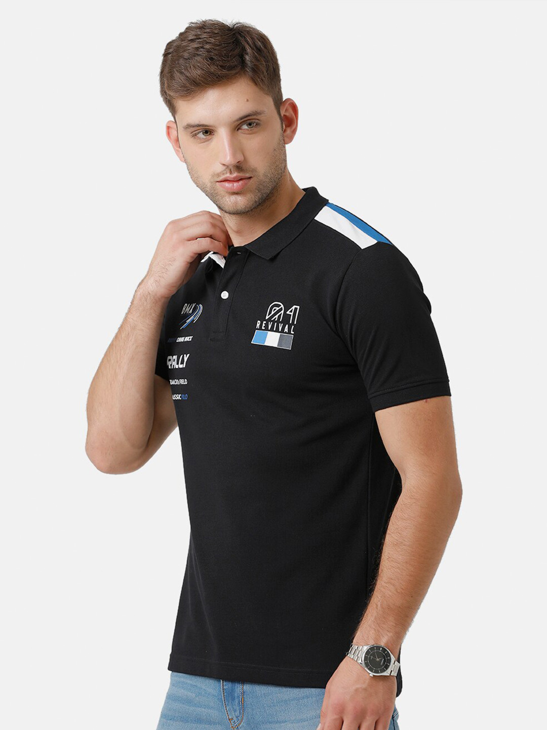 

Classic Polo Men Black Typography Polo Collar Slim Fit T-shirt