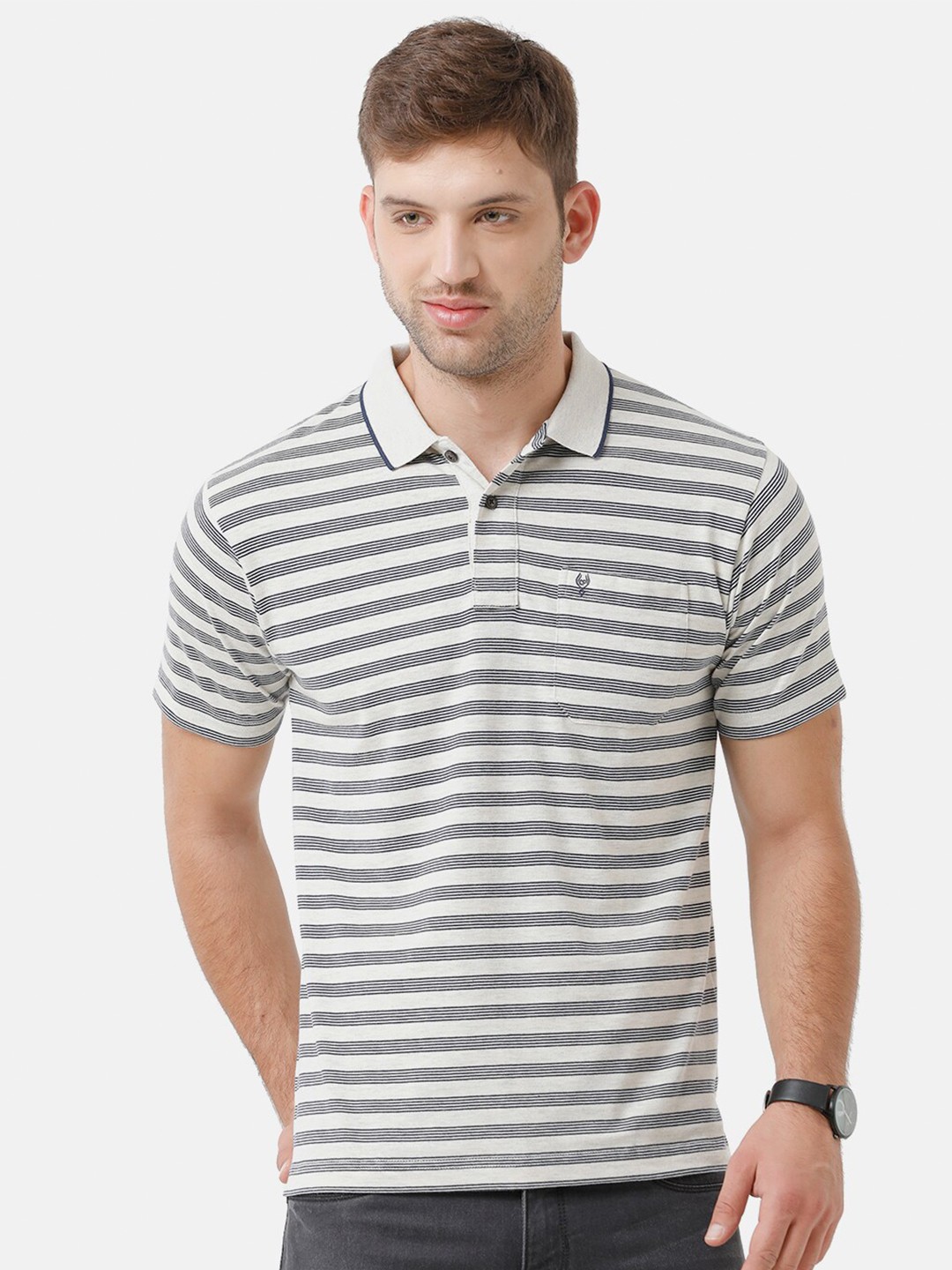 

Classic Polo Men White & Grey Striped Polo Collar T-shirt