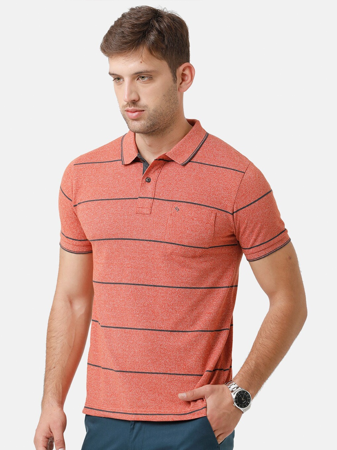 

Classic Polo Men Peach-Coloured & Black Striped Polo Collar Slim Fit T-shirt