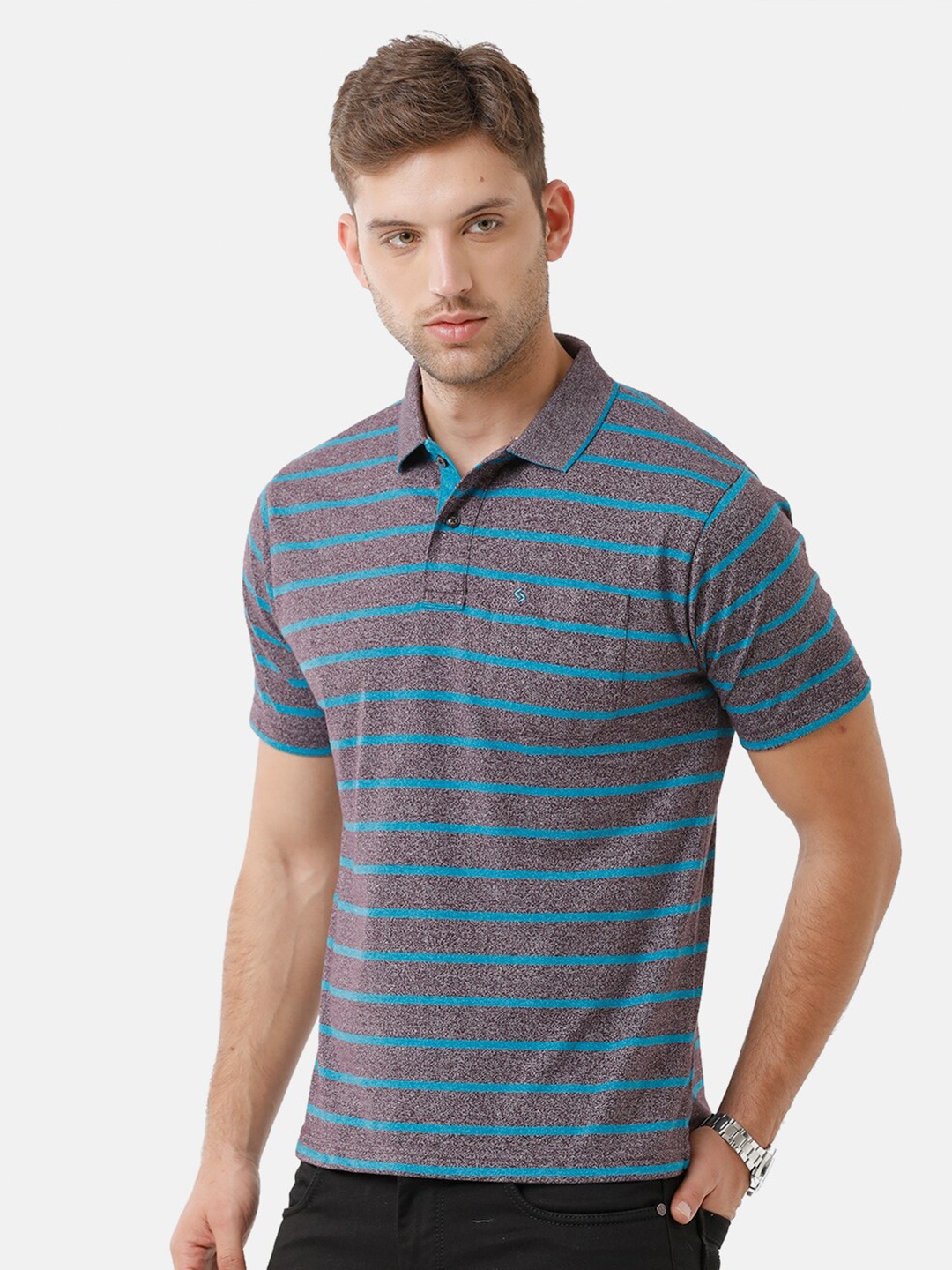 

Classic Polo Men Grey Striped Polo Collar T-shirt