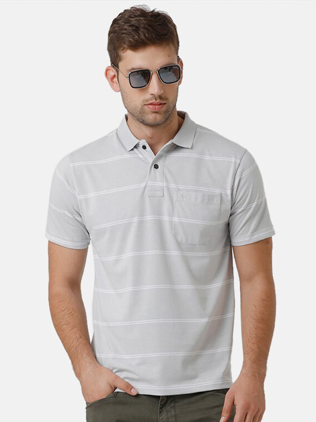 

Classic Polo Men Grey & White Striped Polo Collar T-shirt