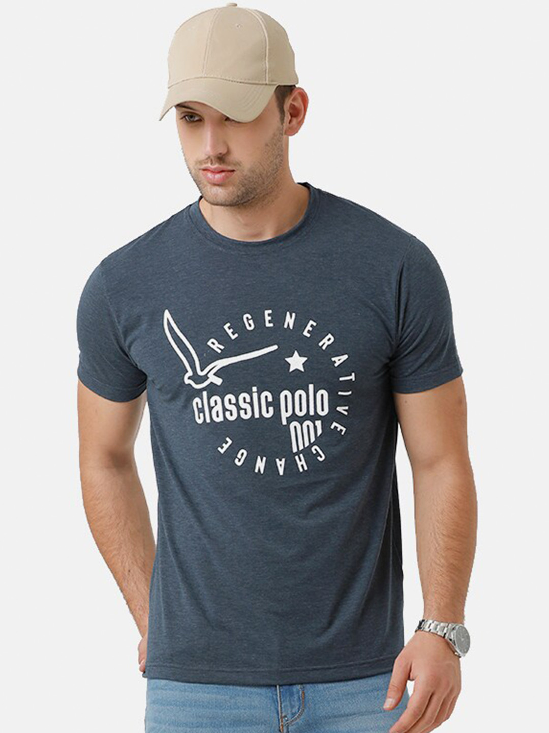 

Classic Polo Men Navy Blue Typography Printed Slim Fit T-shirt