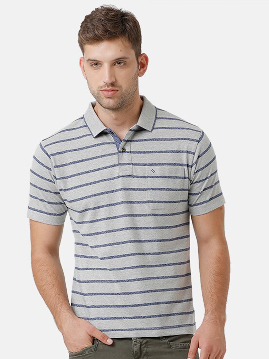 

Classic Polo Men Grey & Blue Striped Polo Collar T-shirt