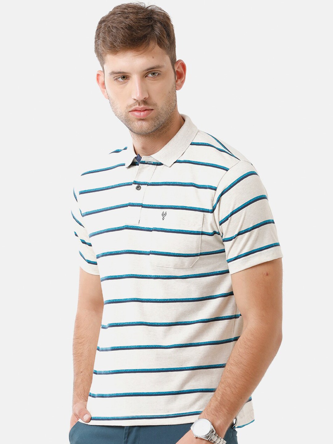 

Classic Polo Men White Striped Polo Collar Cotton T-shirt