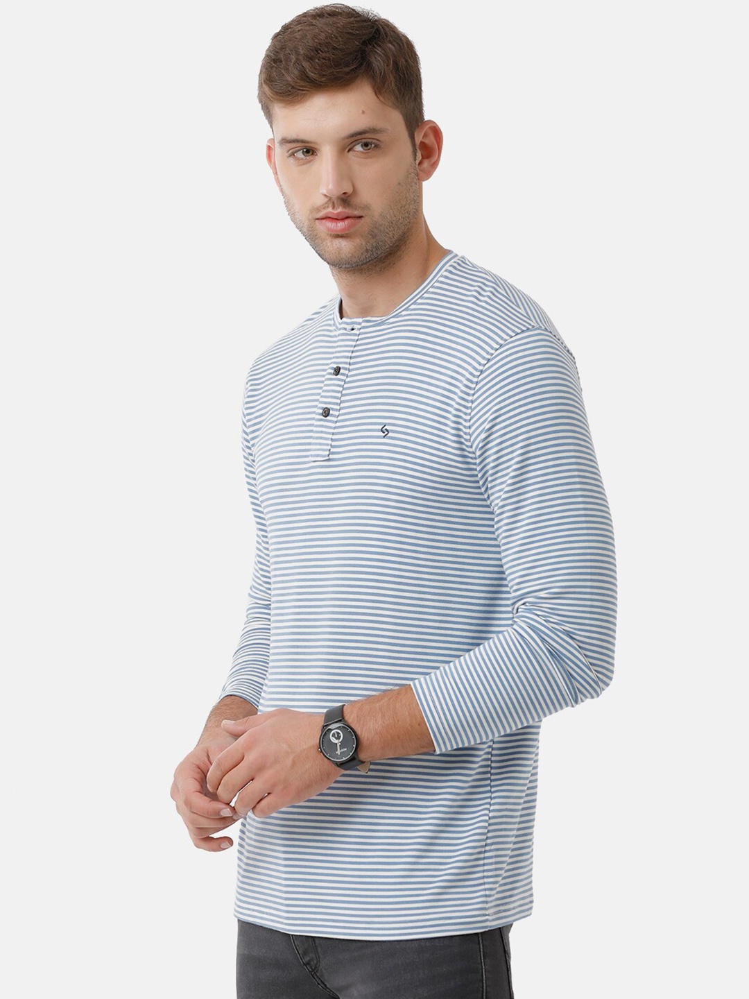 

Classic Polo Men Blue Striped Henley Neck Monochrome Slim Fit T-shirt