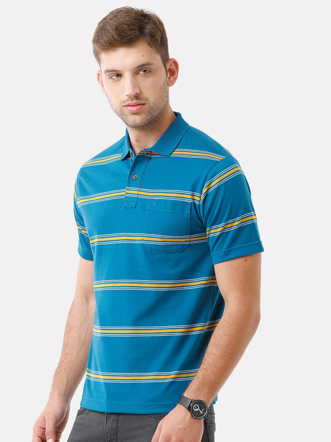 

Classic Polo Men Blue Striped Polo Collar T-shirt