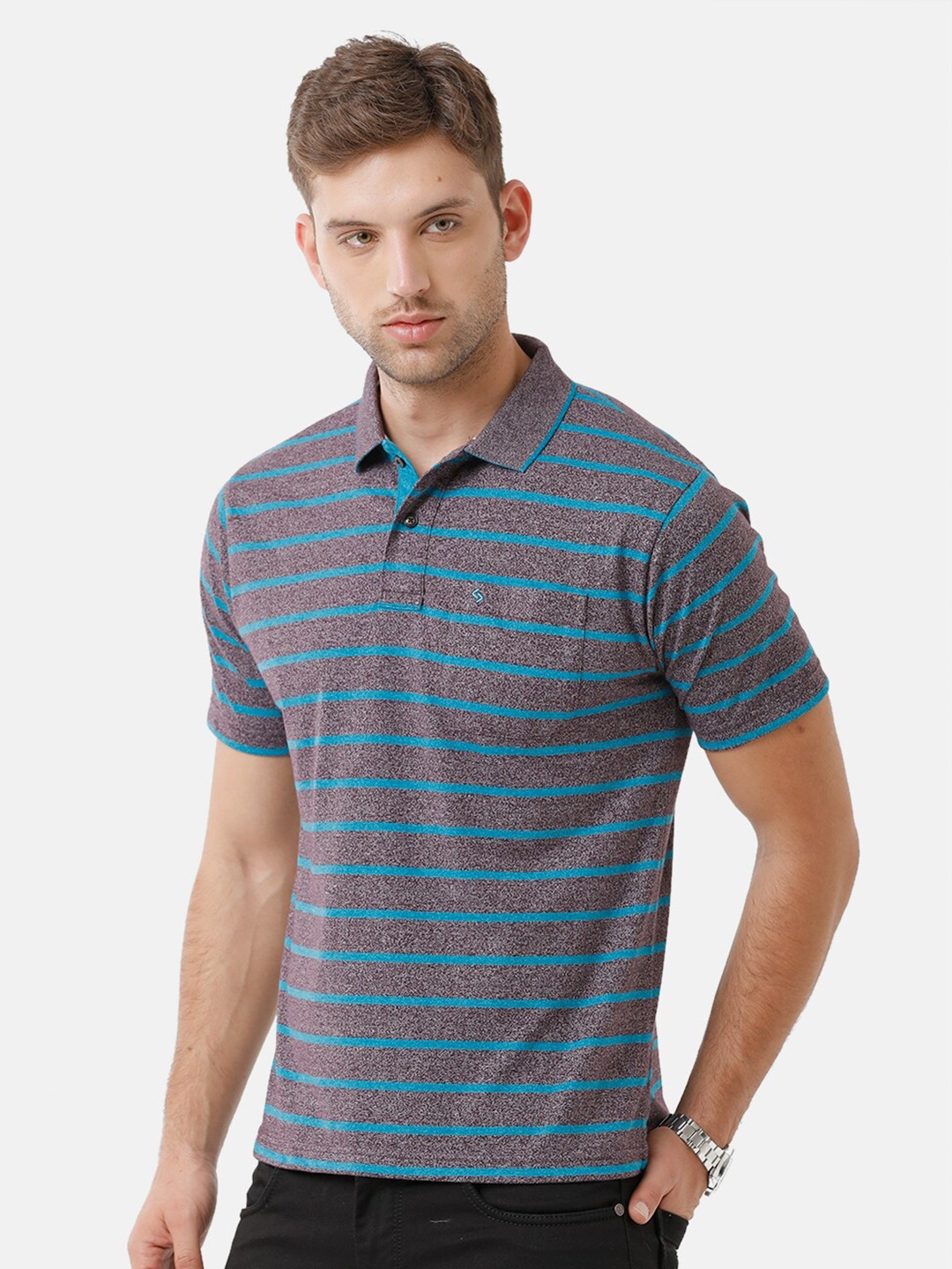 

Classic Polo Men Grey Striped Polo Collar T-shirt