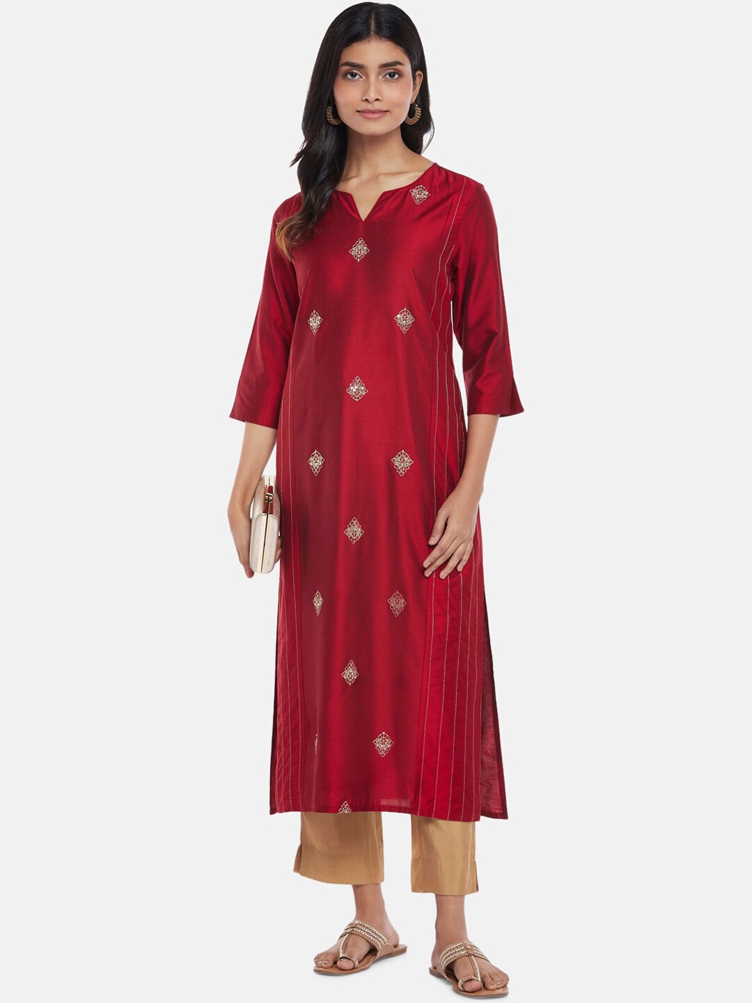 

RANGMANCH BY PANTALOONS Women Red Geometric Embroidered Kurta