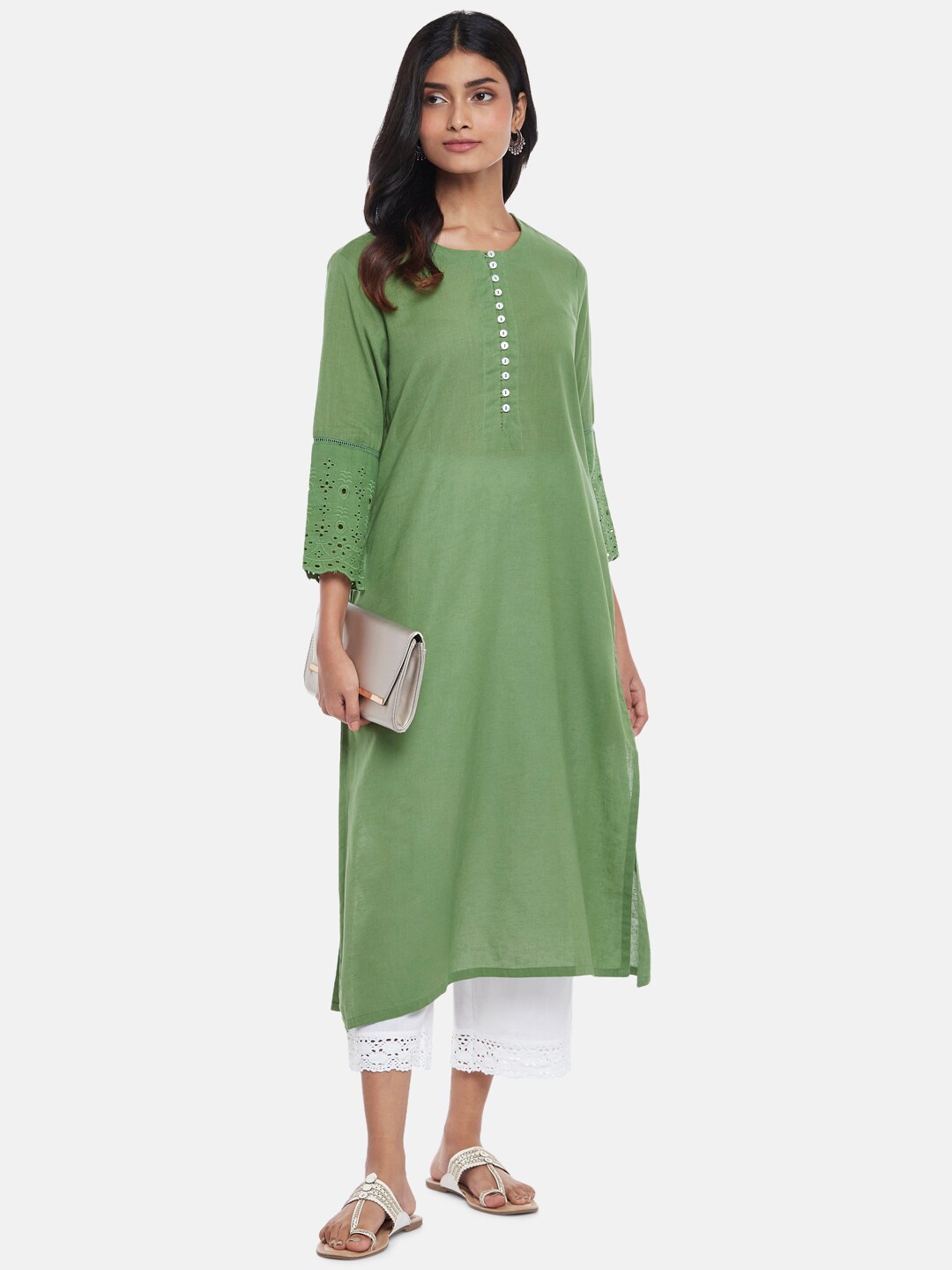 

RANGMANCH BY PANTALOONS Women Olive Green Thread Work Kurta