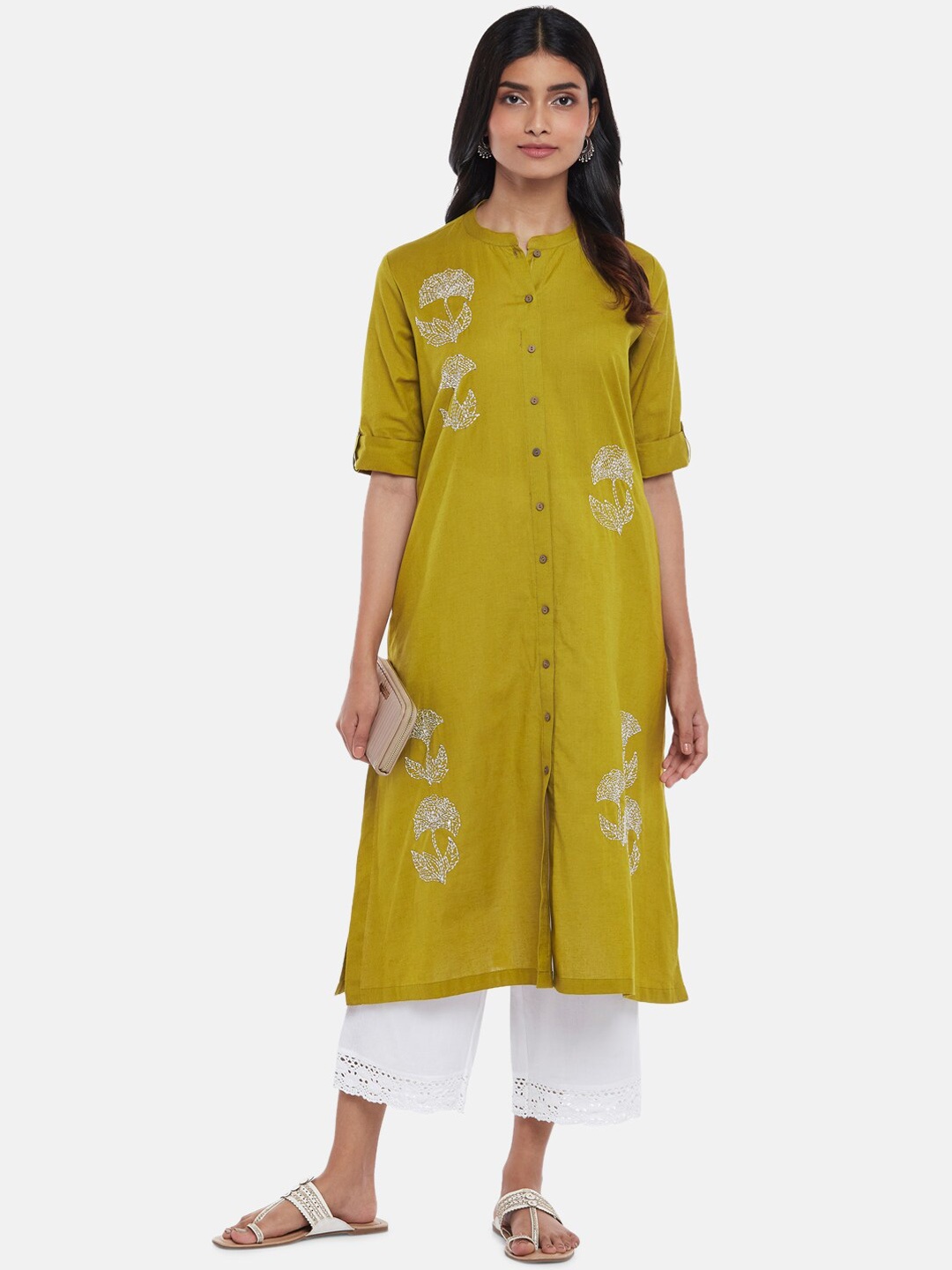 

RANGMANCH BY PANTALOONS Women Mustard Yellow Floral Embroidered Kurta
