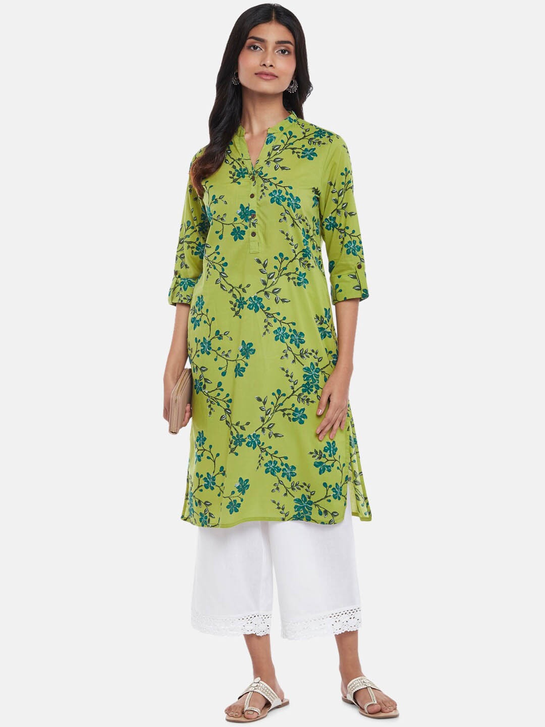 

RANGMANCH BY PANTALOONS Women Lime Green & Blue Floral Printed Kurta