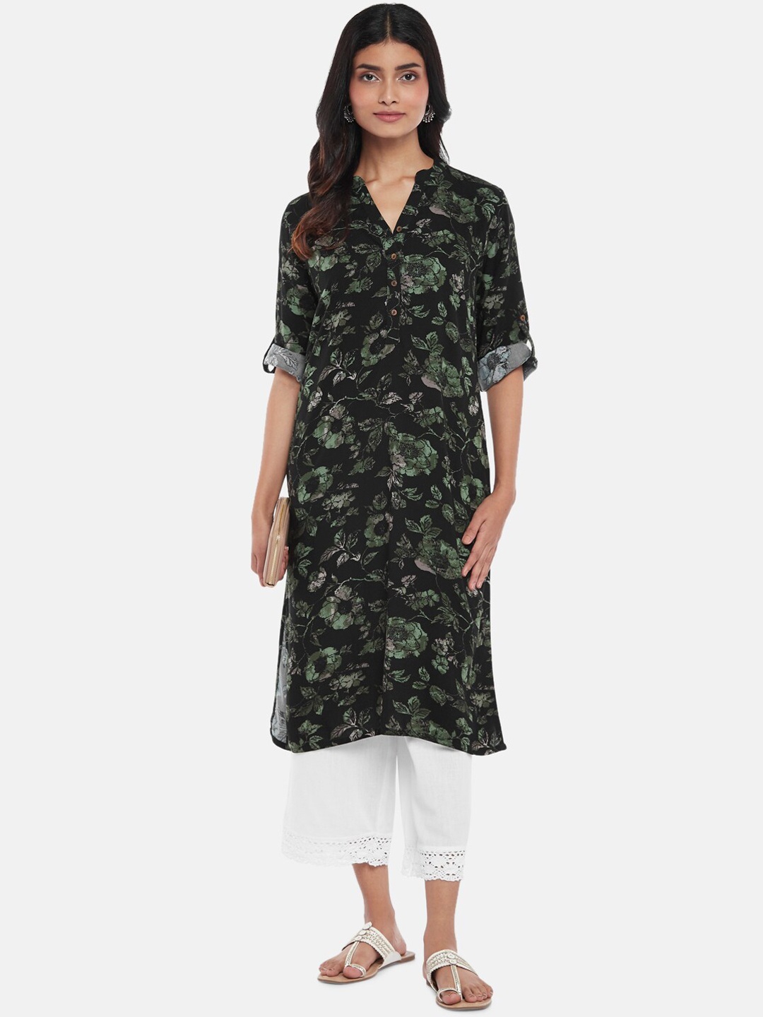 

RANGMANCH BY PANTALOONS Women Black & Green Floral Printed Kurta