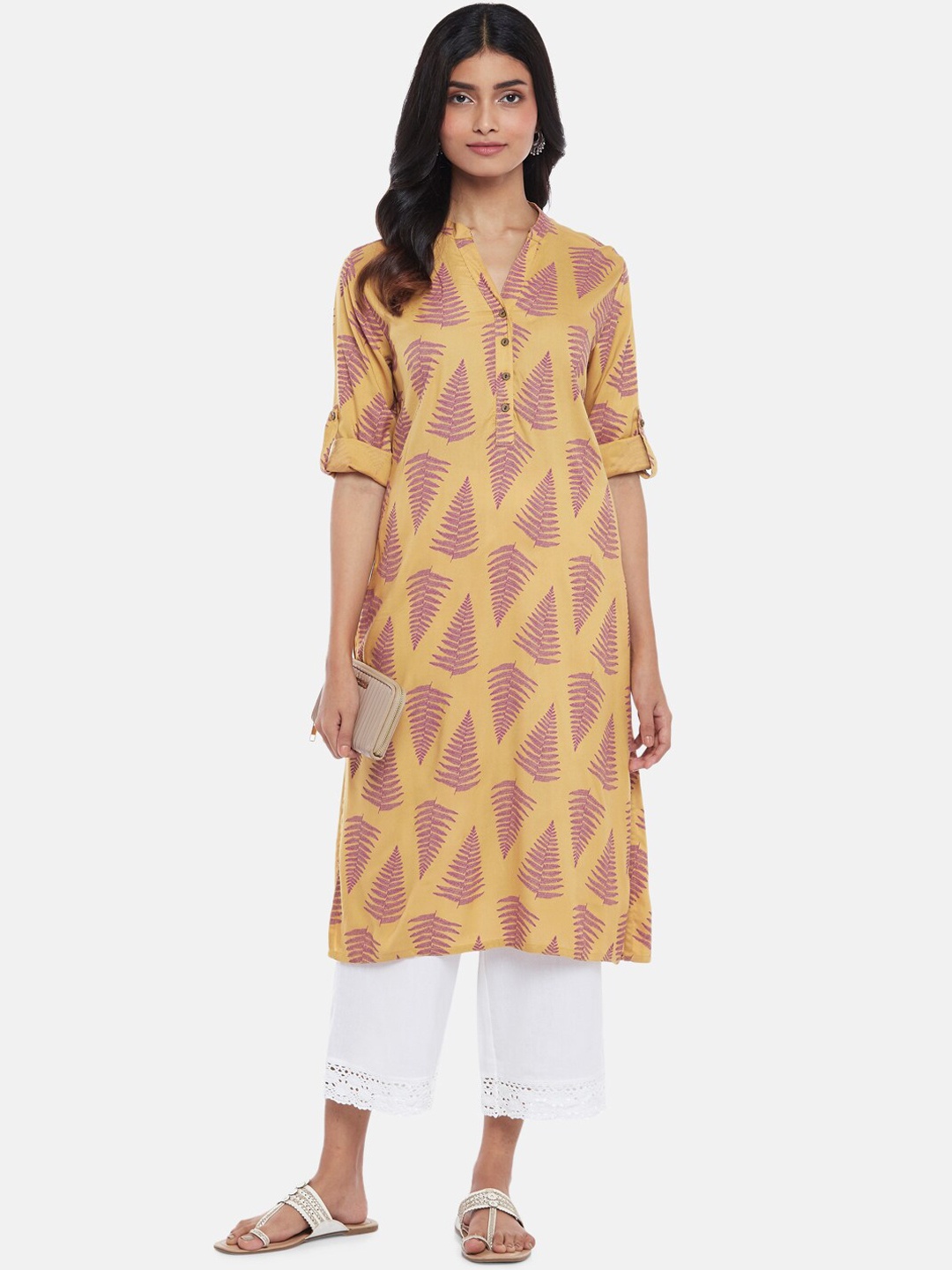 

RANGMANCH BY PANTALOONS Women Mustard Yellow & Pink Ethnic Motifs Printed Kurta