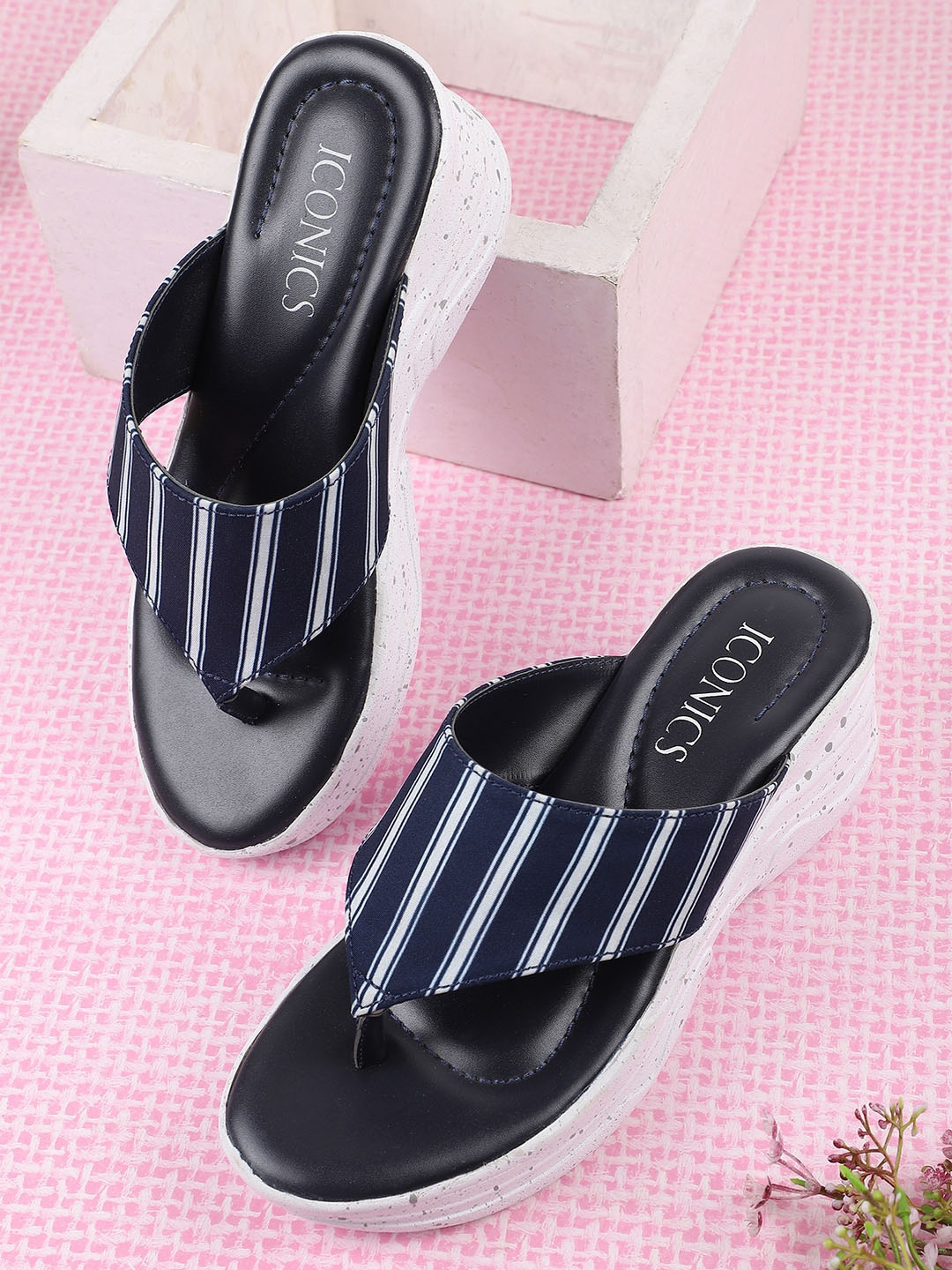 

ICONICS Navy Blue & Black Striped Wedge Synthetic Sandals with Bows