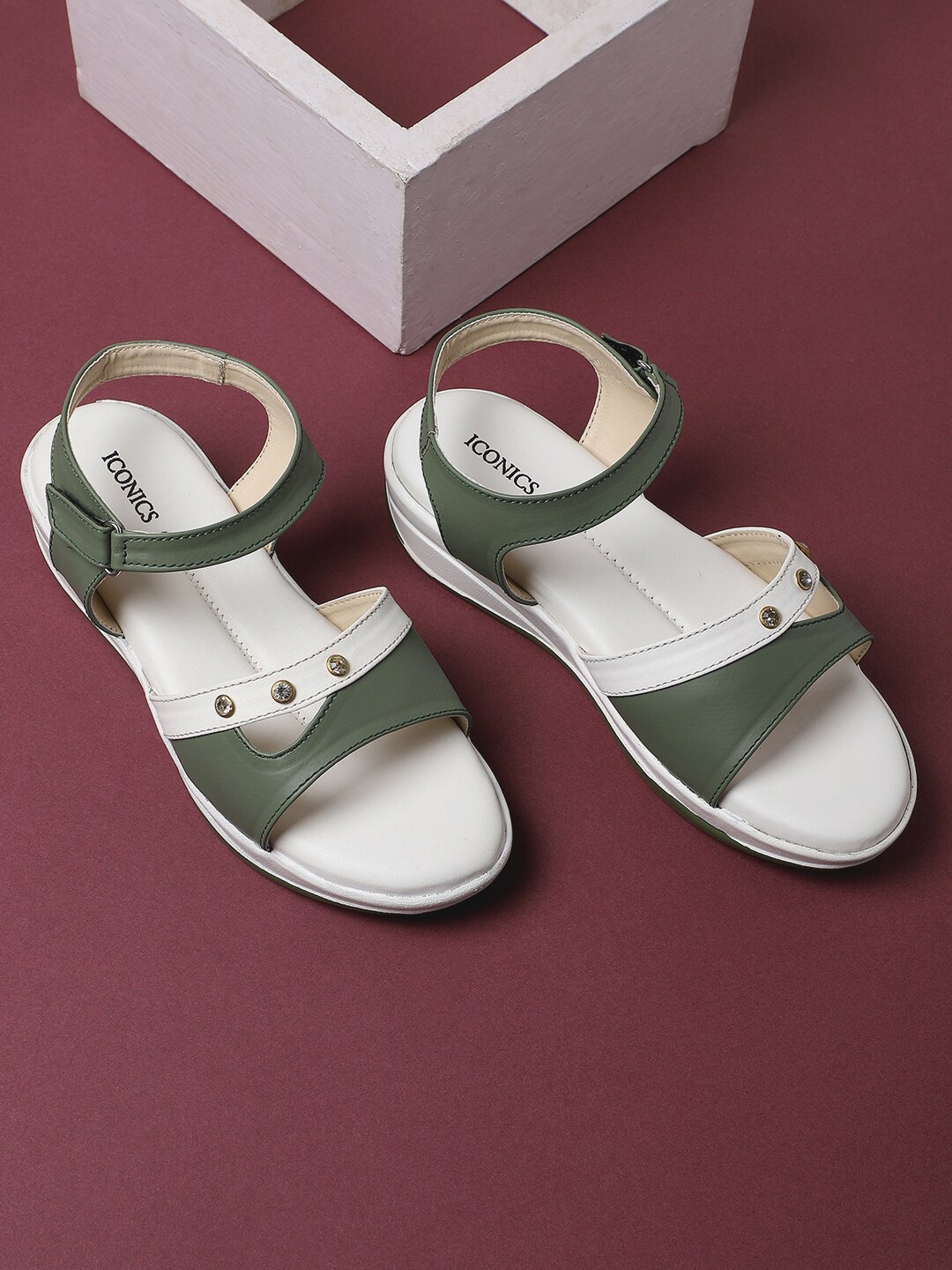 

ICONICS Women Green & White Synthetic Wedge Heels with Buckles