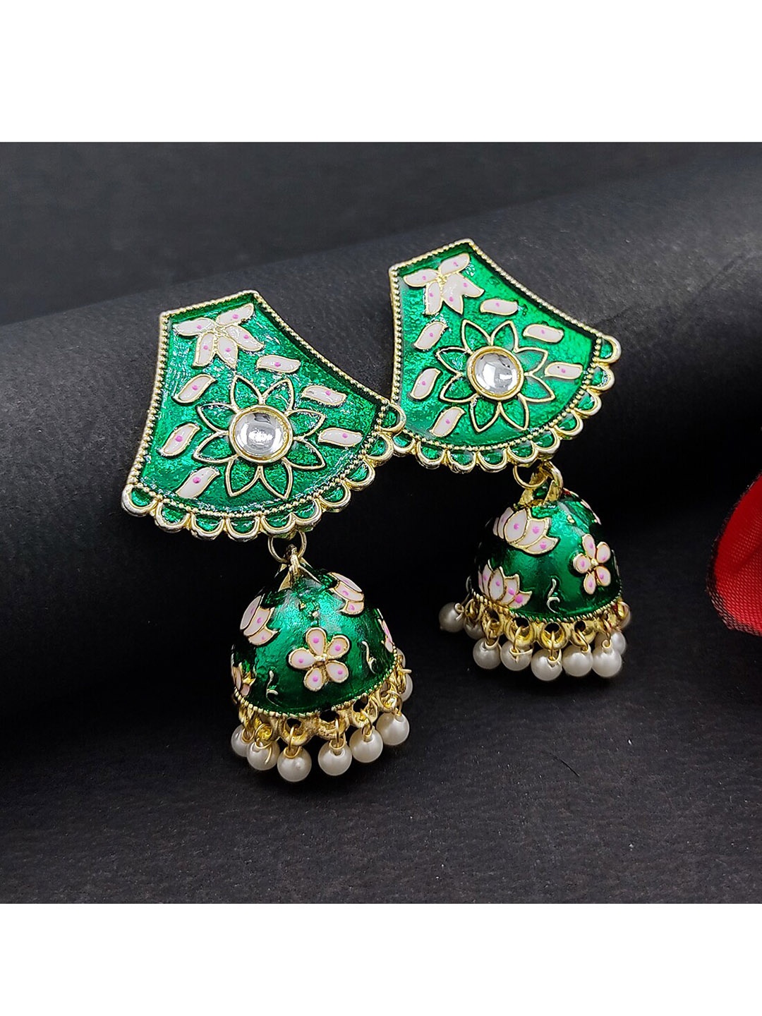 

Saizen Green & Gold-Toned Contemporary Jhumkas Earrings