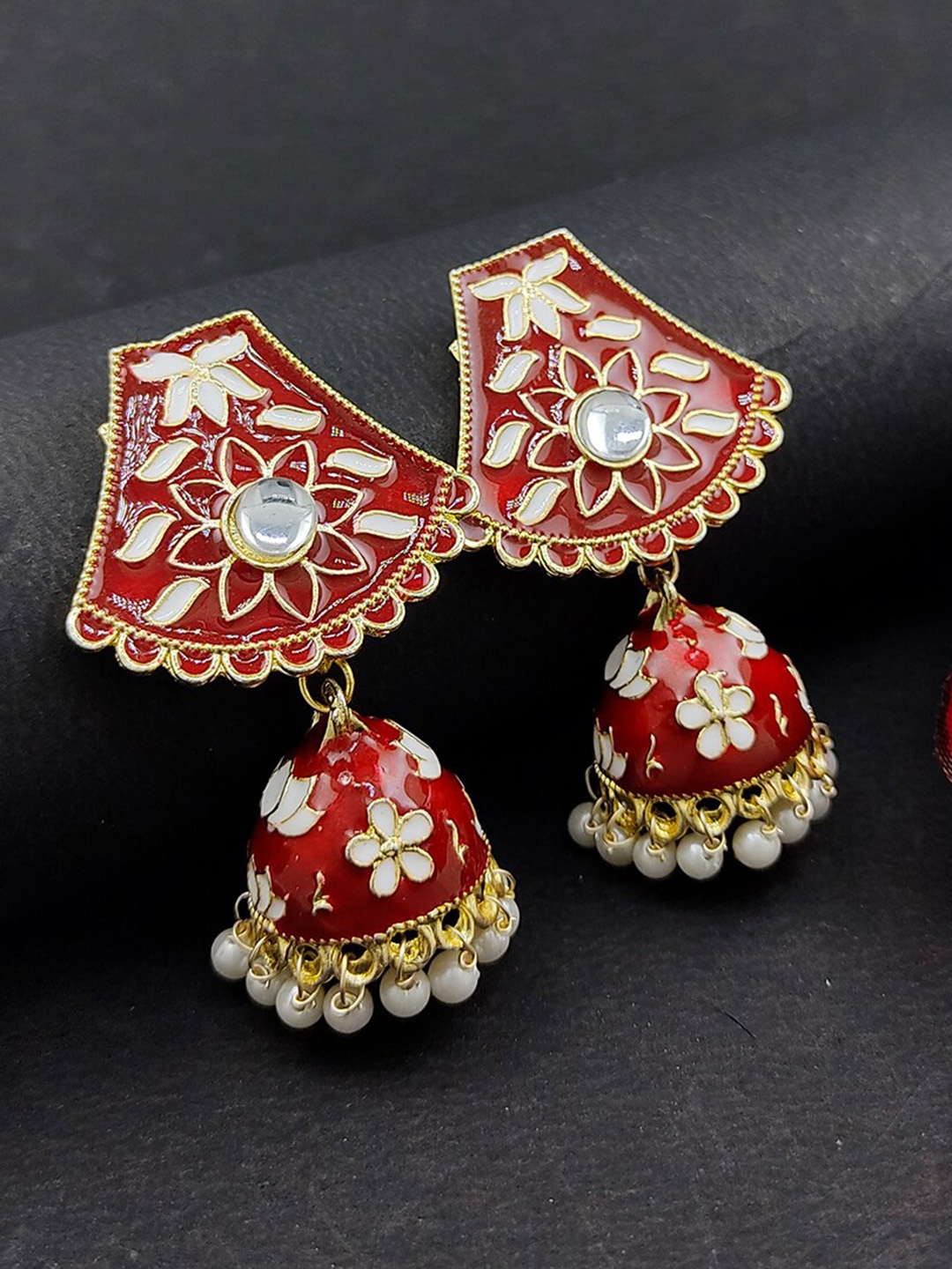 

Saizen Women Gold-Plated Red Floral Jhumkas Earrings