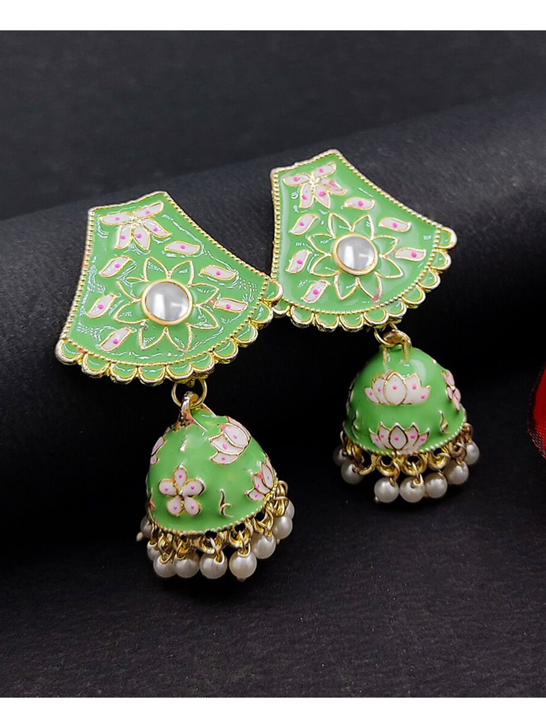 

Saizen Sea Green & Gold-Toned Floral Jhumkas Earrings