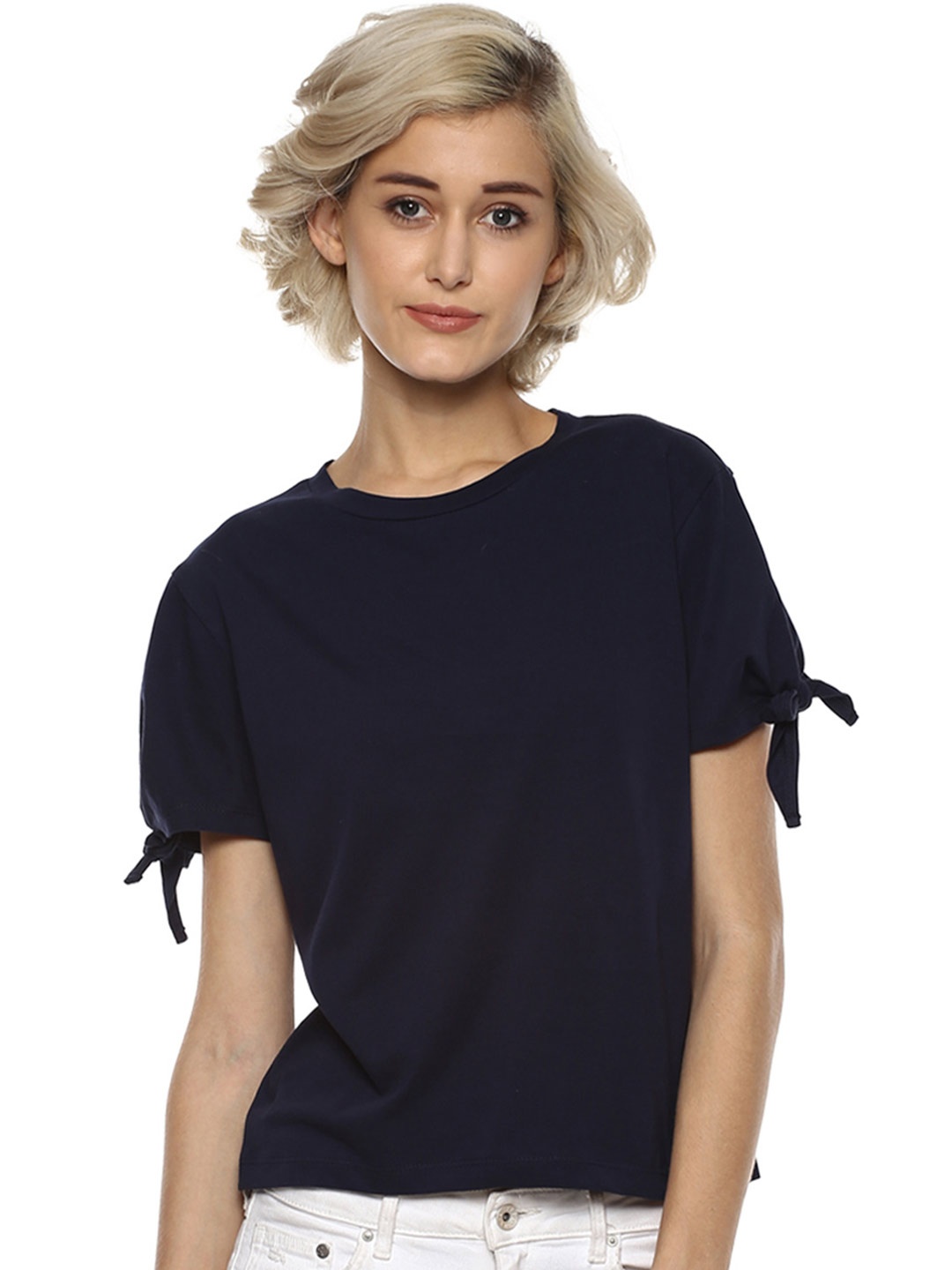 

Harpa Women Navy Solid Pure Cotton Top, Navy blue