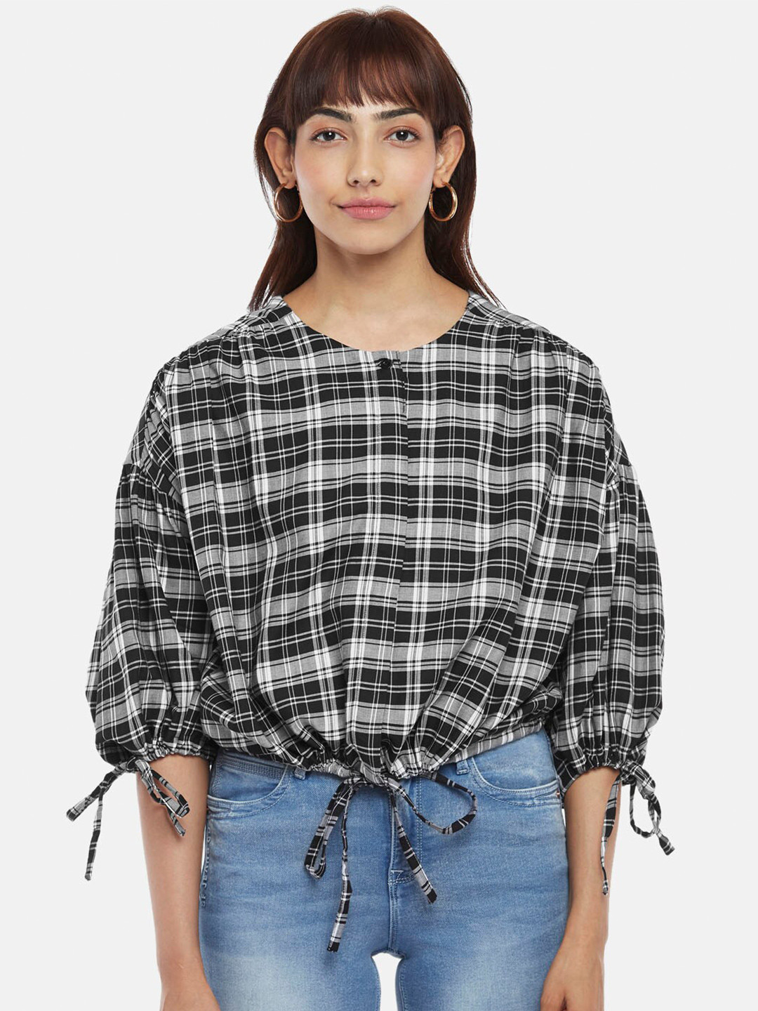 

SF JEANS by Pantaloons Women Black Tartan Checks Casual Shirt