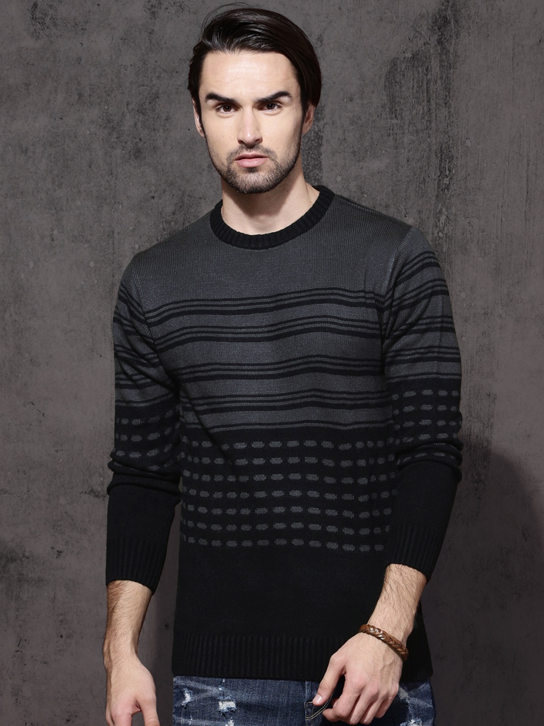 

Roadster Men Charcoal & Black Striped Pullover