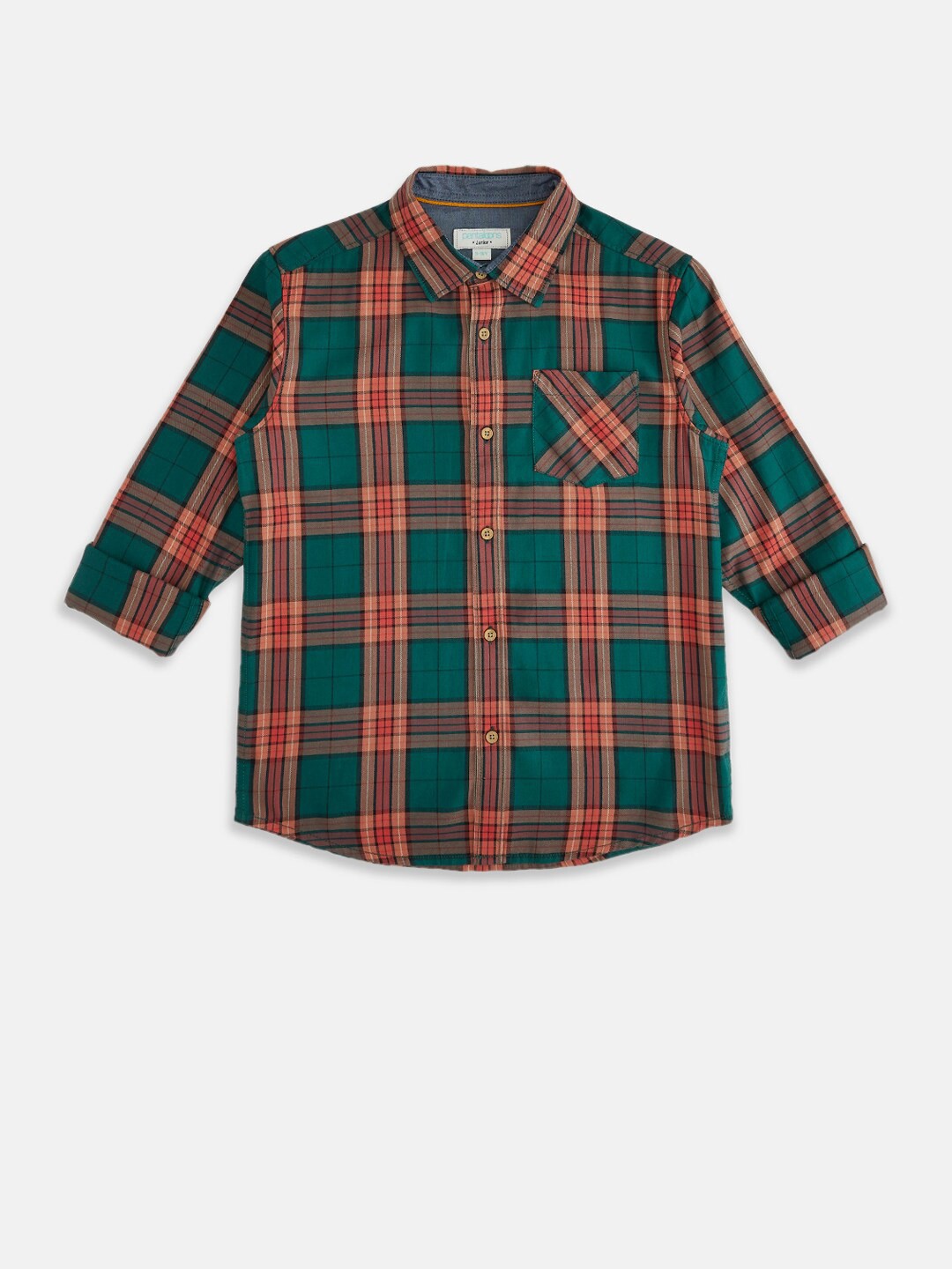 

Pantaloons Junior Boys Green Tartan Checked Cotton Casual Shirt