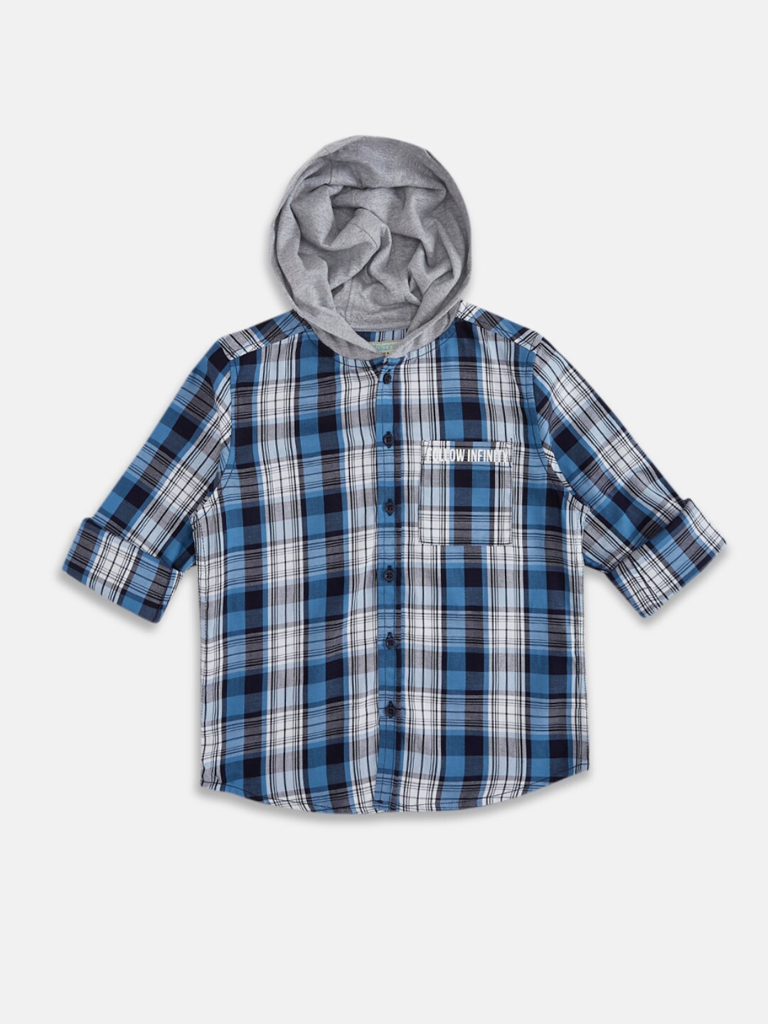 

Pantaloons Junior Boys Blue Tartan Checked Cotton Hooded Shirt