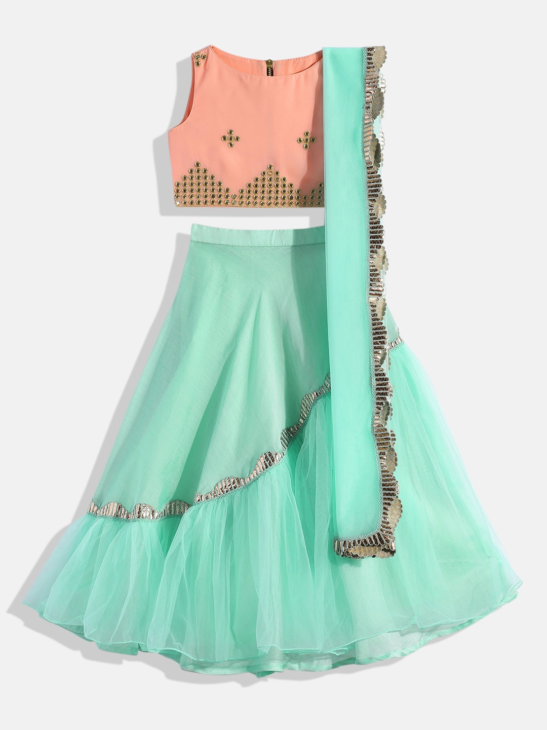 

Ethnovog Girls Pink Sea Green Embellished Made to Measure Lehenga Dupatta