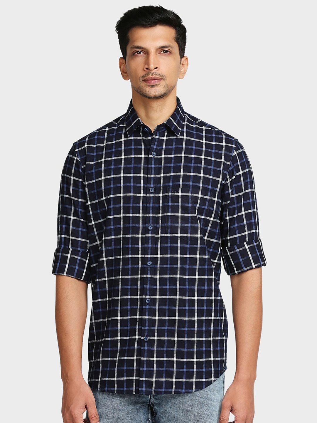 

ColorPlus Men Blue Tailored Fit Checked Casual Shirt