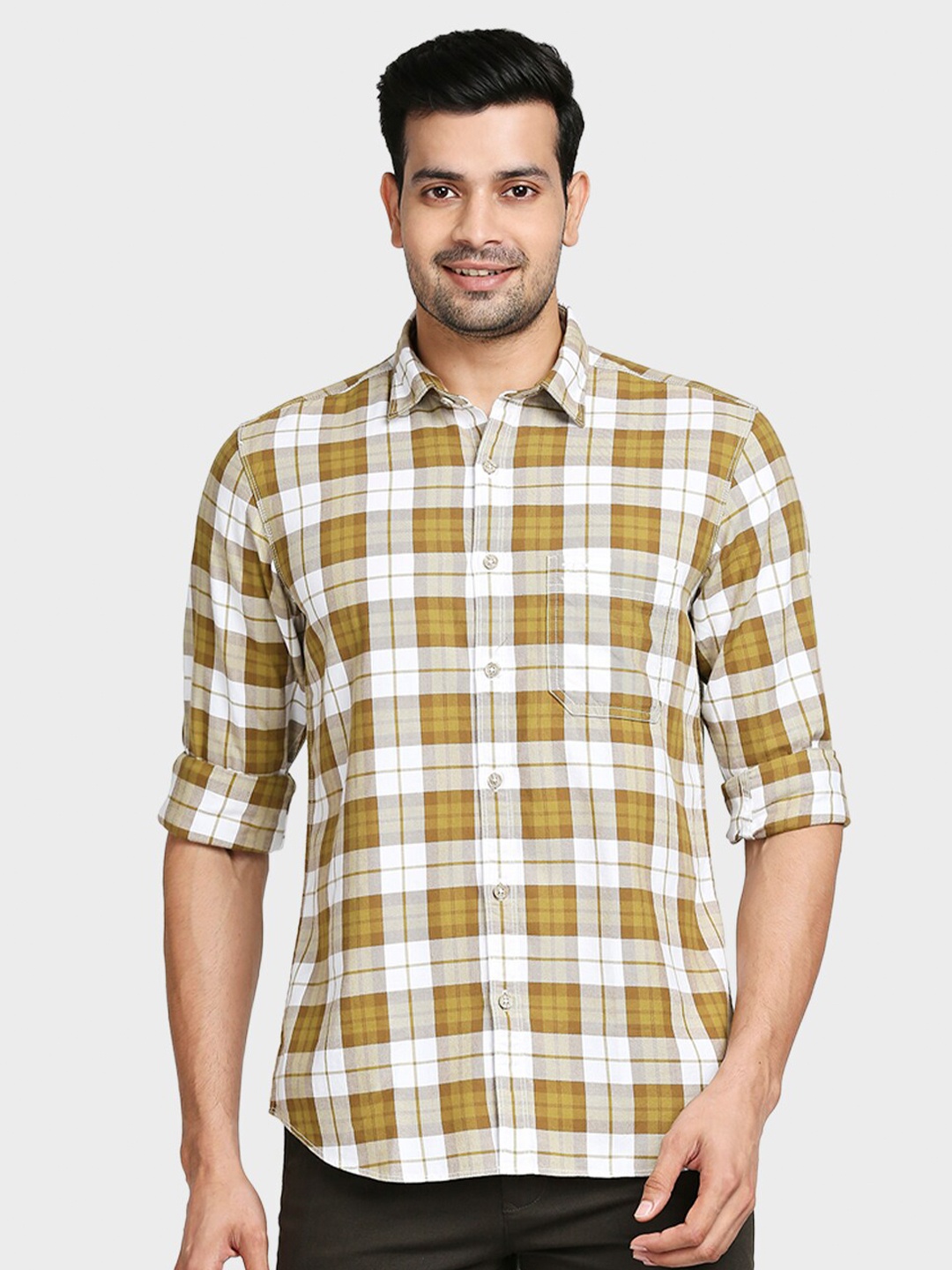 

ColorPlus Men Olive Green & Off White Checked Casual Shirt
