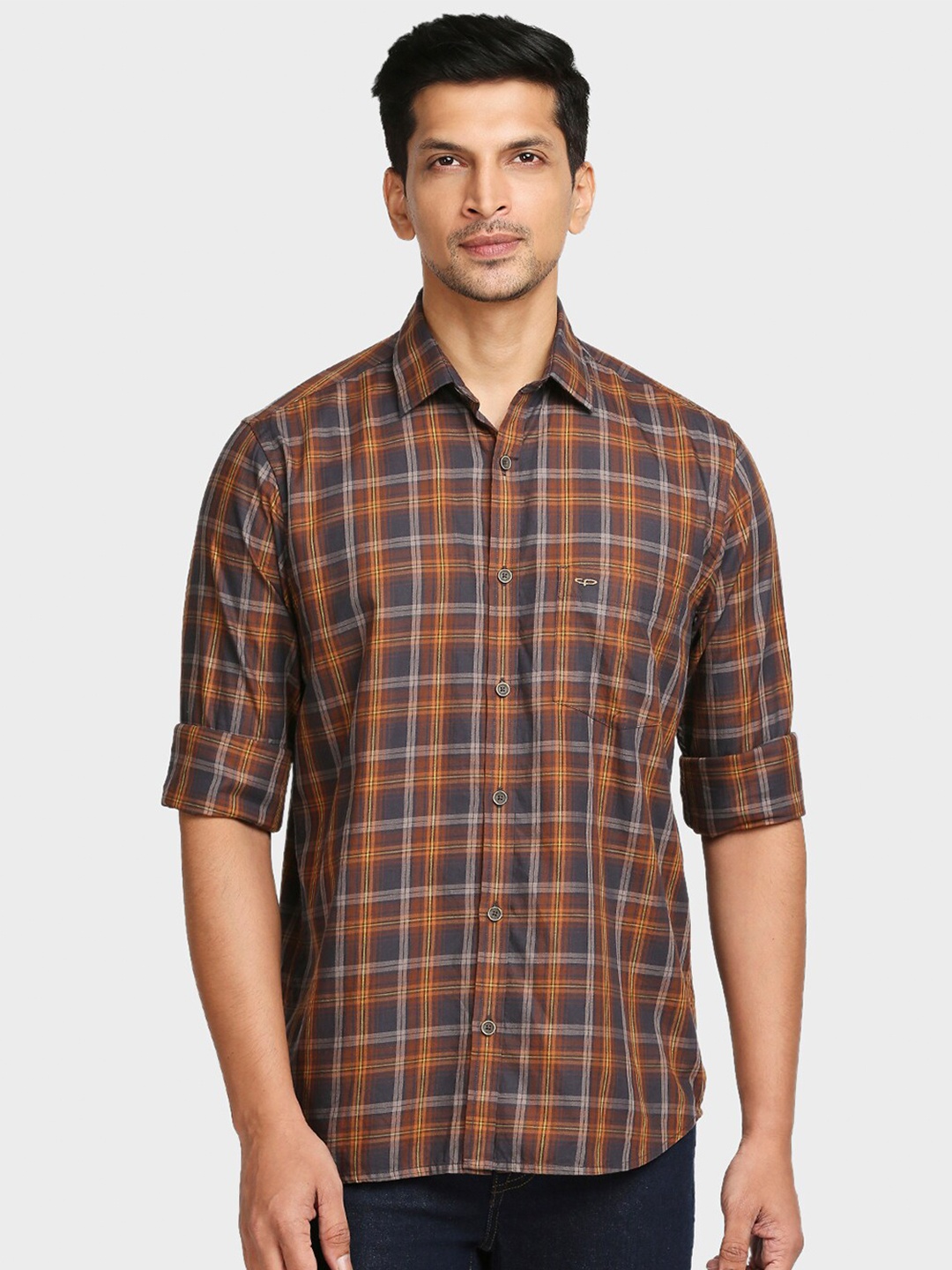 

ColorPlus Men Brown Tailored Fit Checked Casual Long Roll-Up Shirt