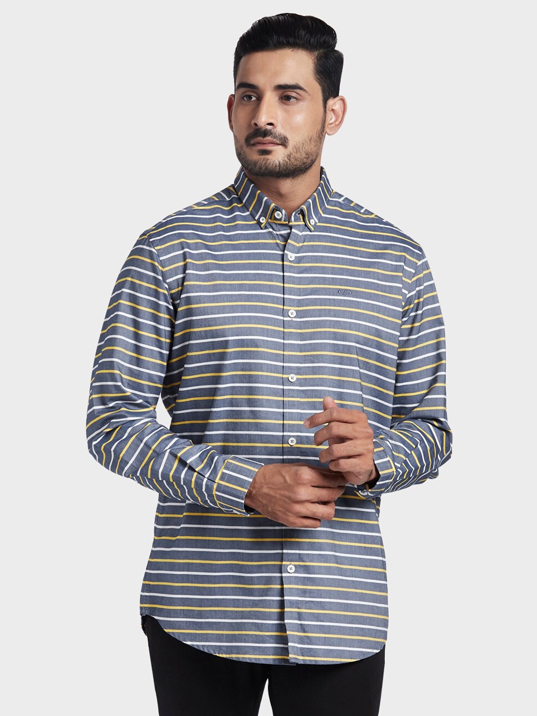 

ColorPlus Men Yellow & Grey Horizontal Stripes Striped Tailored Fit Casual Shirt